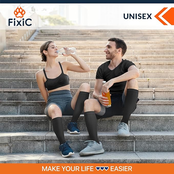 FixiC Compression Socks Men & Women - 3 Pairs, L-XL (8-15), 15-20 mmHg - Compression Stockings for Women and Men - Black Circulation Socks - Support Socks for Training, Traveling, Diabetics and More!