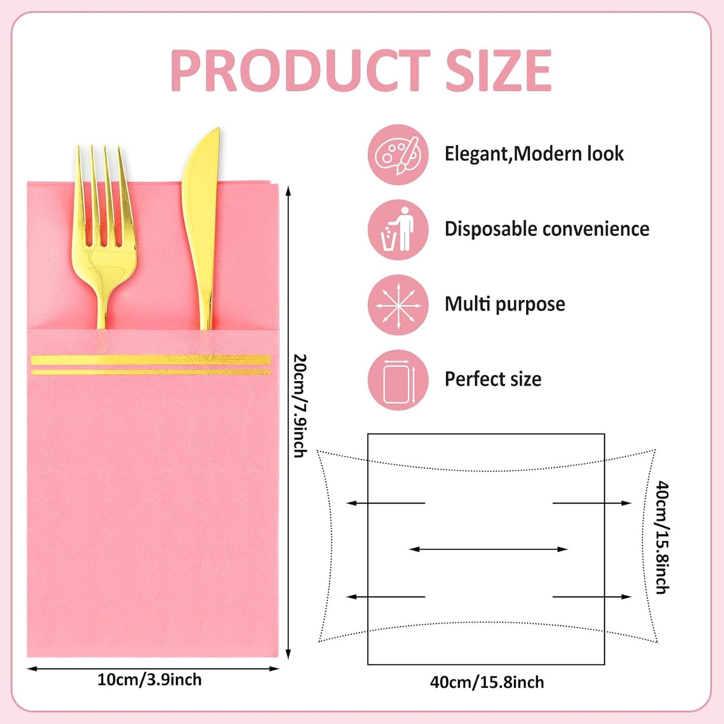 50Pcs Disposable Linen-Feel Dinner Napkins with Built-in Flatware Pockets Pink Gold Foil Napkin with Cutlery Pouch for Christmas Dining Party Table Service Decor