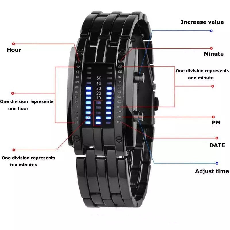 Men Watch 50m Waterproof Lava Watch Double Row Lamp LED Watch Male Binary Steel