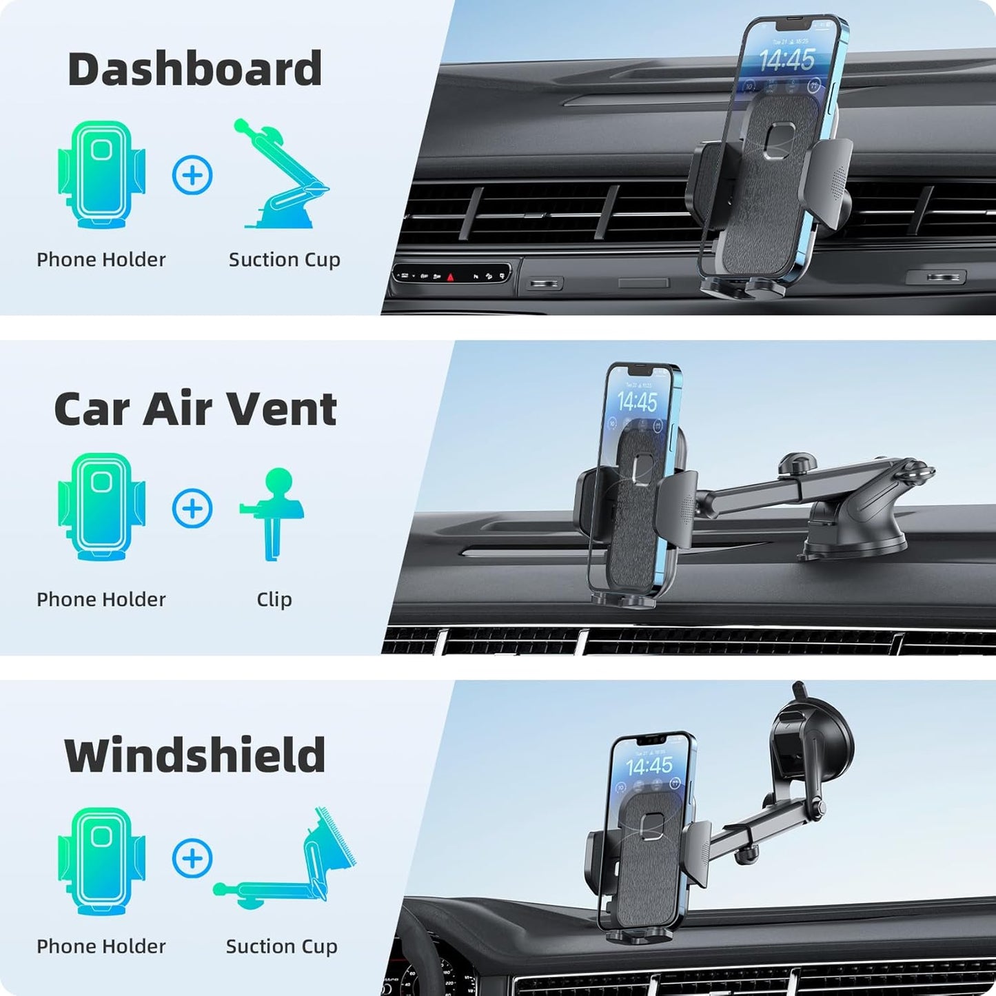 FBB 3-in-1 Phone Mount for car, Military-Grade Suction, Sturdy & Secure Long Arm Suction Cup Holder Universal Car Dashboard Windshield Air Vent Car Phone Holder Compatible with All Smartphones