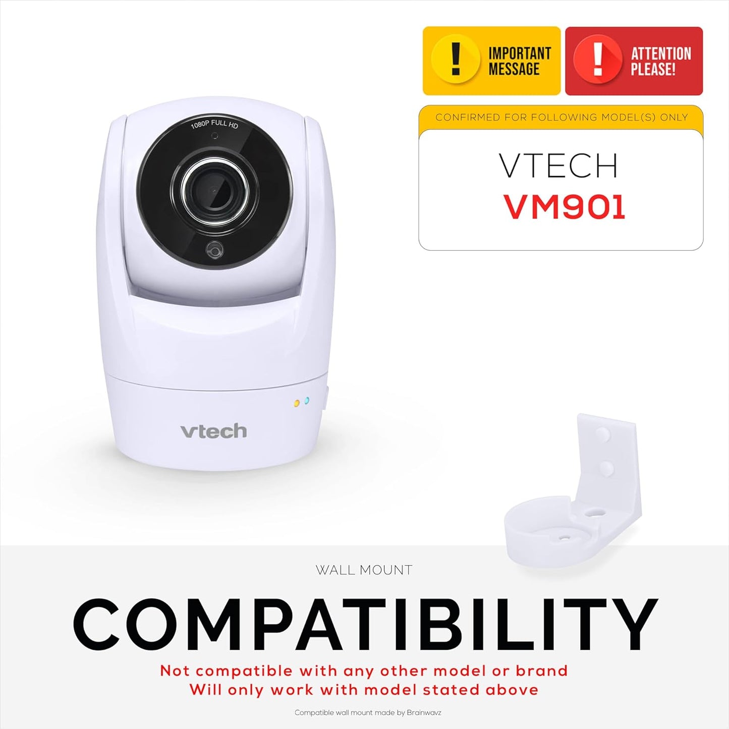 Drill Free Wall Mount for VTech VM901 Camera, Easy to Install Holder with Strong Adhesive, No Mess, Reduces Blind Spots & Clutter, Designed by Brainwavz