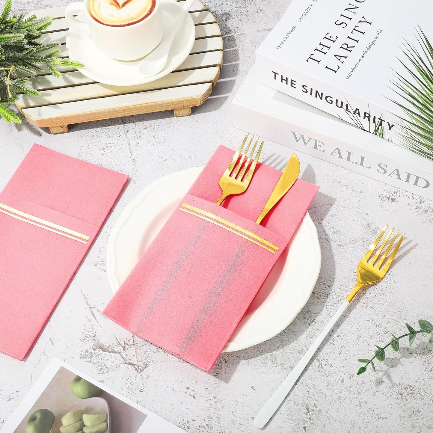 50Pcs Disposable Linen-Feel Dinner Napkins with Built-in Flatware Pockets Pink Gold Foil Napkin with Cutlery Pouch for Christmas Dining Party Table Service Decor