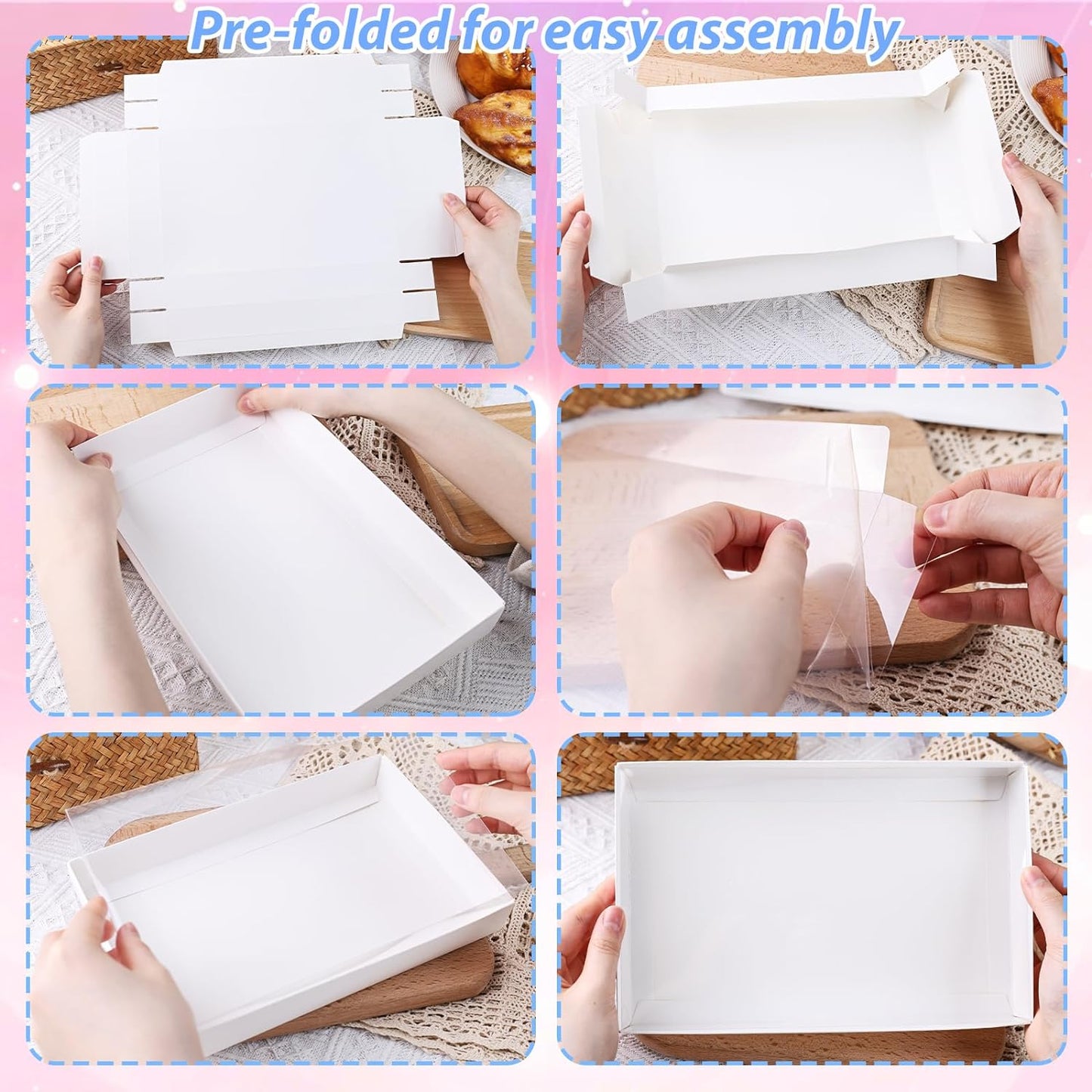 JOHOUSE 10PCS Cookie Boxes, 9.5x6x1.2 Inches White Bakery Boxes with Clear Lids For Cookies Pastries Chocolates, Dessert Boxes Treat Boxes for Class Birthday Wedding Party