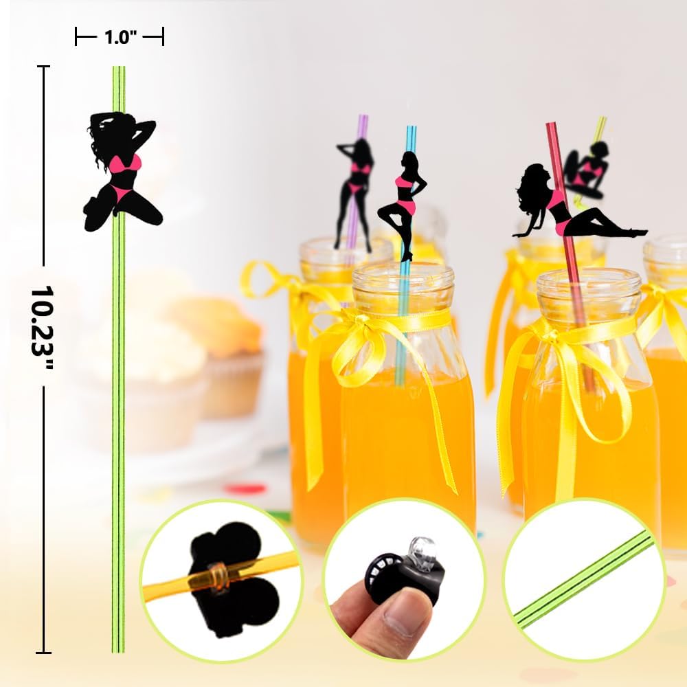 24pcs Bachelorette Party Favors Pink Stripper Dancing WoMen,Reusable Crazy Swirl Straws,Bachelor Straws,Mexican Mermaid Naughty Party Drinks Cocktail Straws Party Supplies bodybuilding 6 color Straws