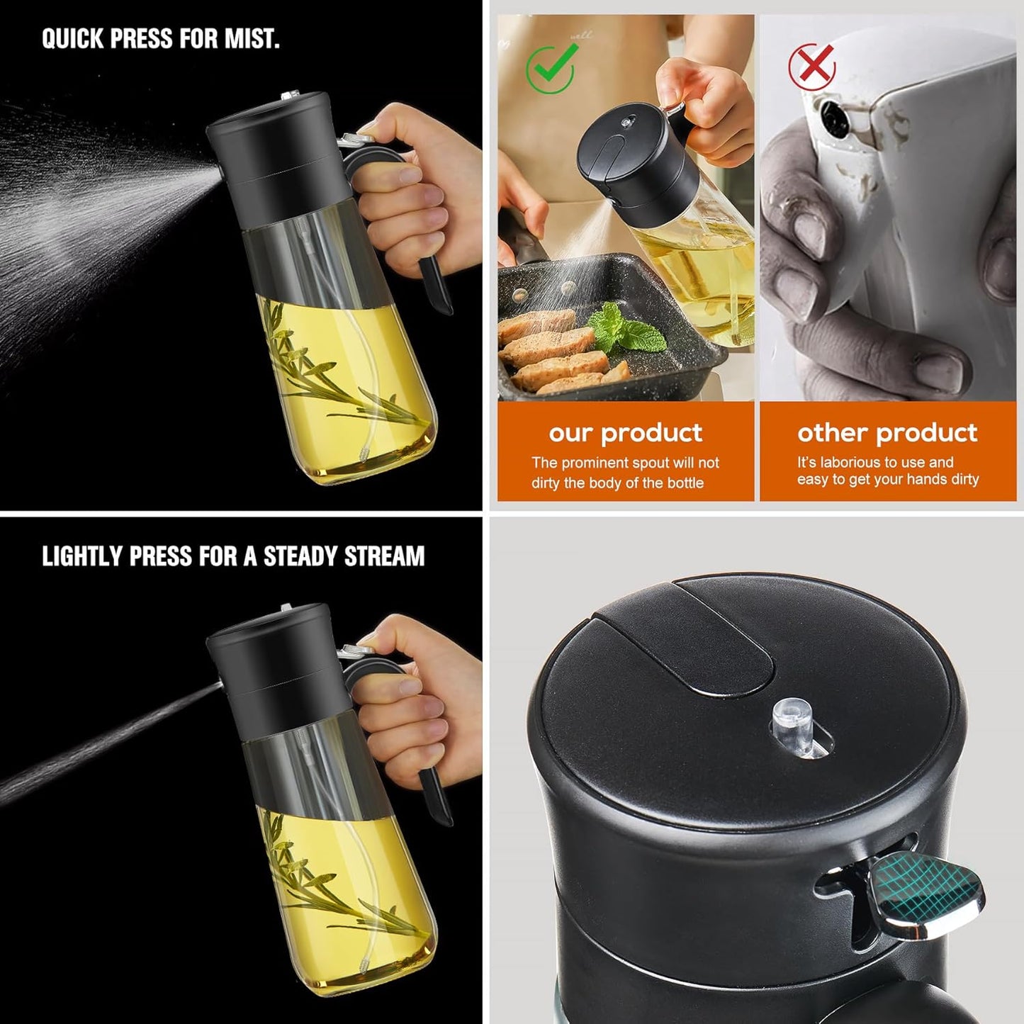 Glass Olive Oil Dispenser Bottle & Oil Sprayer Bottle 2 In 1 for Kitchen Cooking, Auto Flip Cap, 18oz Black