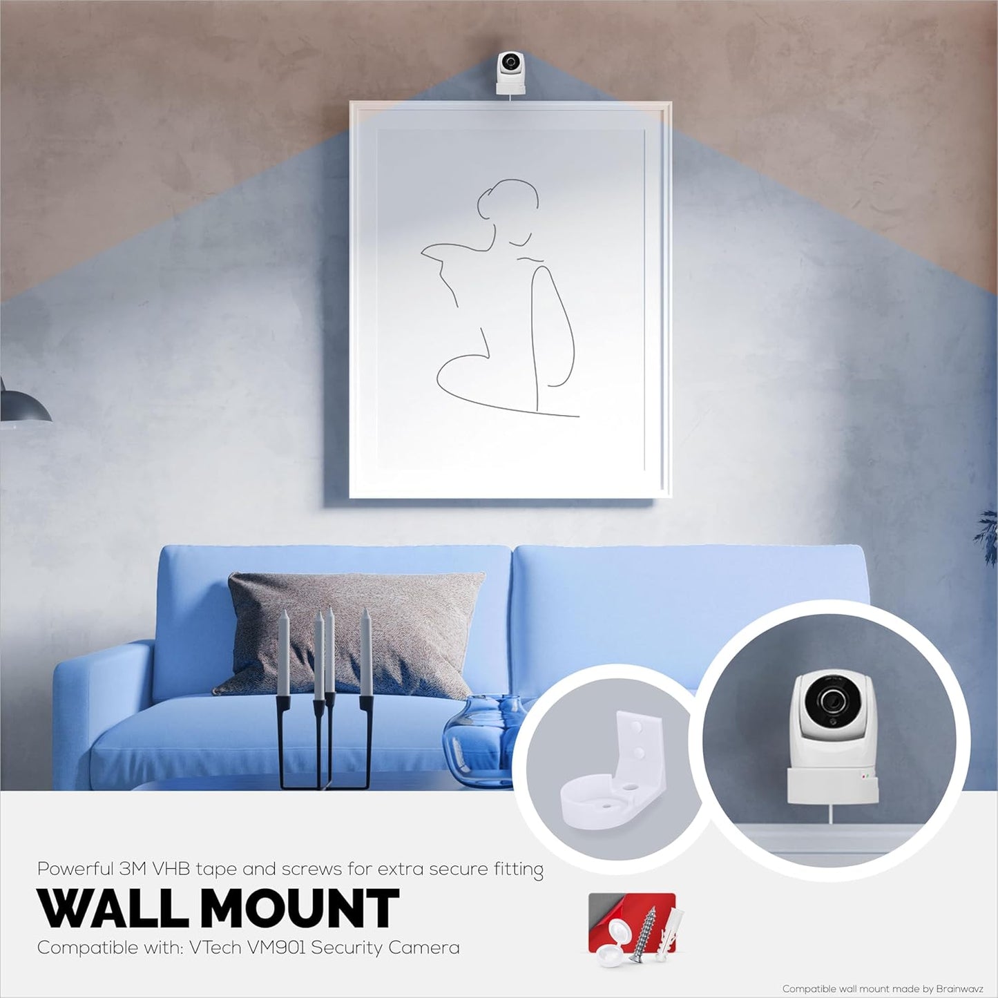 Drill Free Wall Mount for VTech VM901 Camera, Easy to Install Holder with Strong Adhesive, No Mess, Reduces Blind Spots & Clutter, Designed by Brainwavz