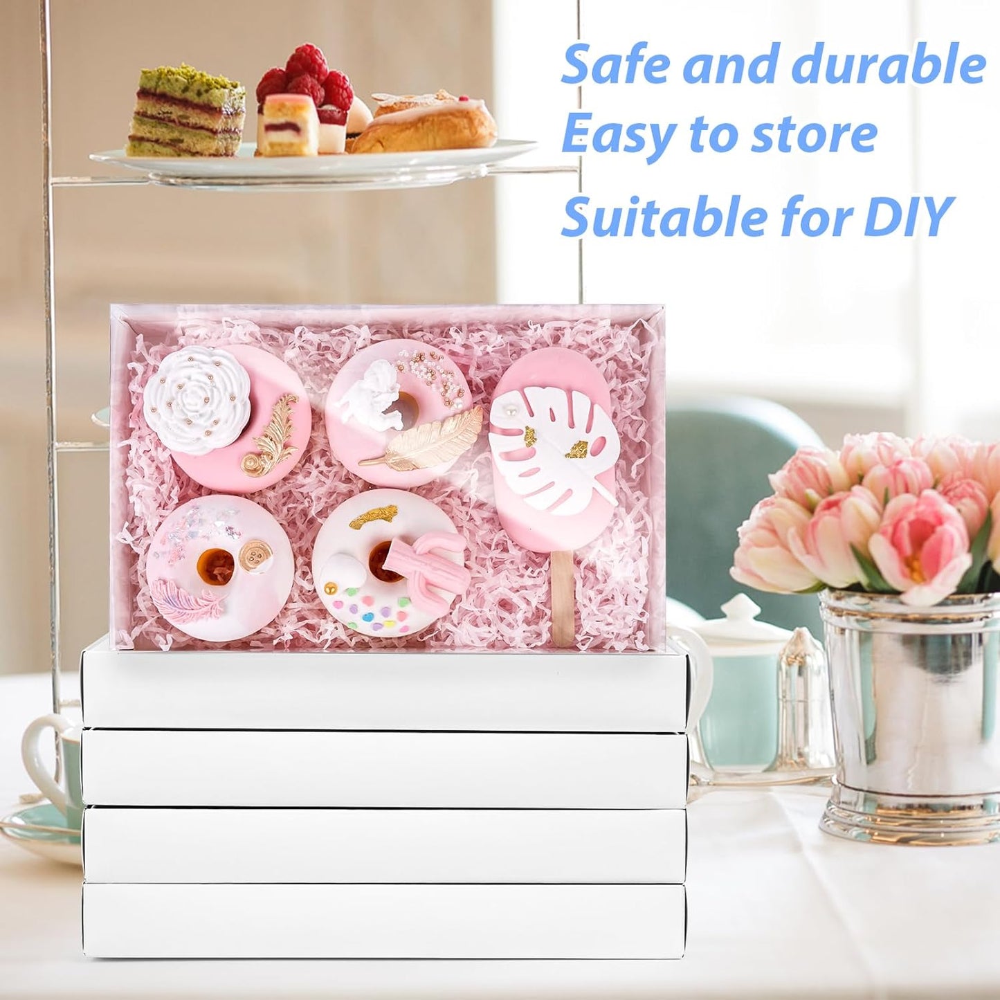 JOHOUSE 10PCS Cookie Boxes, 9.5x6x1.2 Inches White Bakery Boxes with Clear Lids For Cookies Pastries Chocolates, Dessert Boxes Treat Boxes for Class Birthday Wedding Party