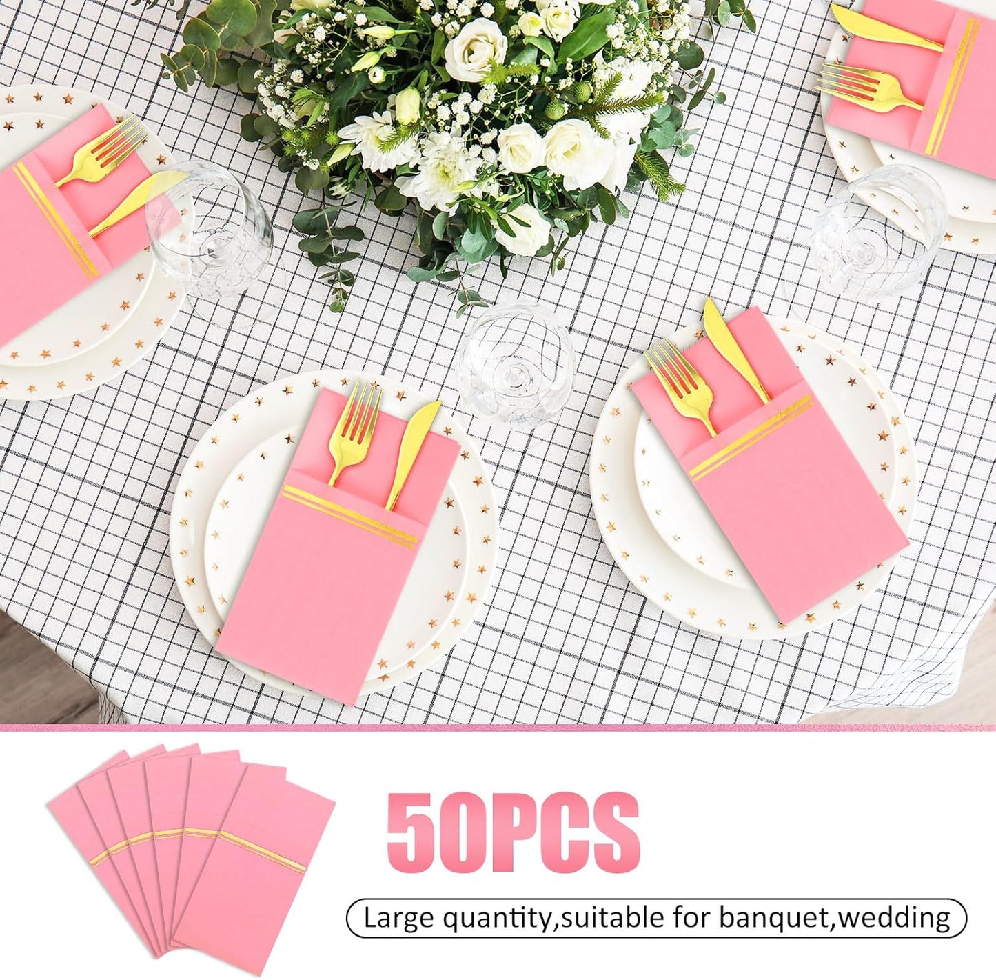 50Pcs Disposable Linen-Feel Dinner Napkins with Built-in Flatware Pockets Pink Gold Foil Napkin with Cutlery Pouch for Christmas Dining Party Table Service Decor