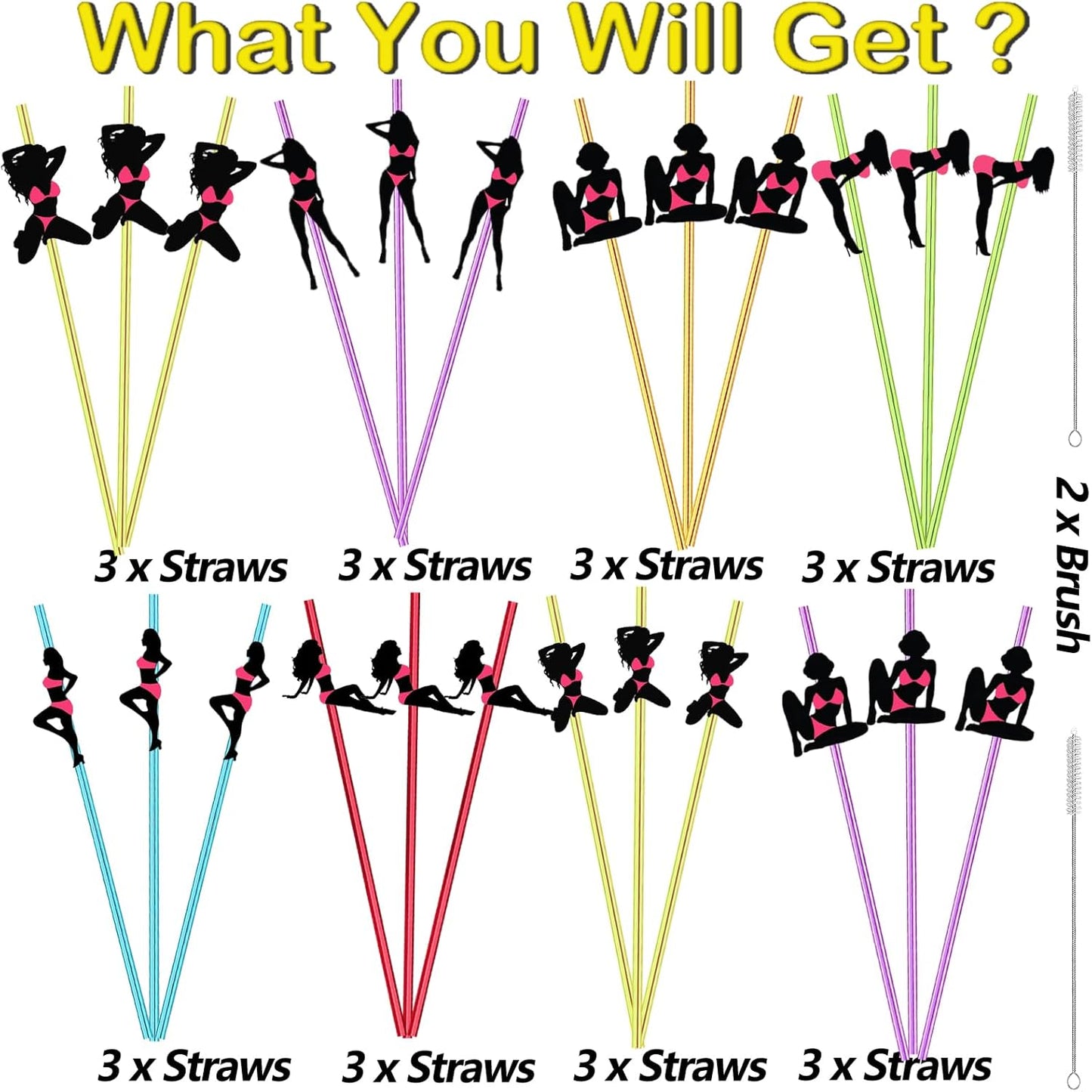 24pcs Bachelorette Party Favors Pink Stripper Dancing WoMen,Reusable Crazy Swirl Straws,Bachelor Straws,Mexican Mermaid Naughty Party Drinks Cocktail Straws Party Supplies bodybuilding 6 color Straws