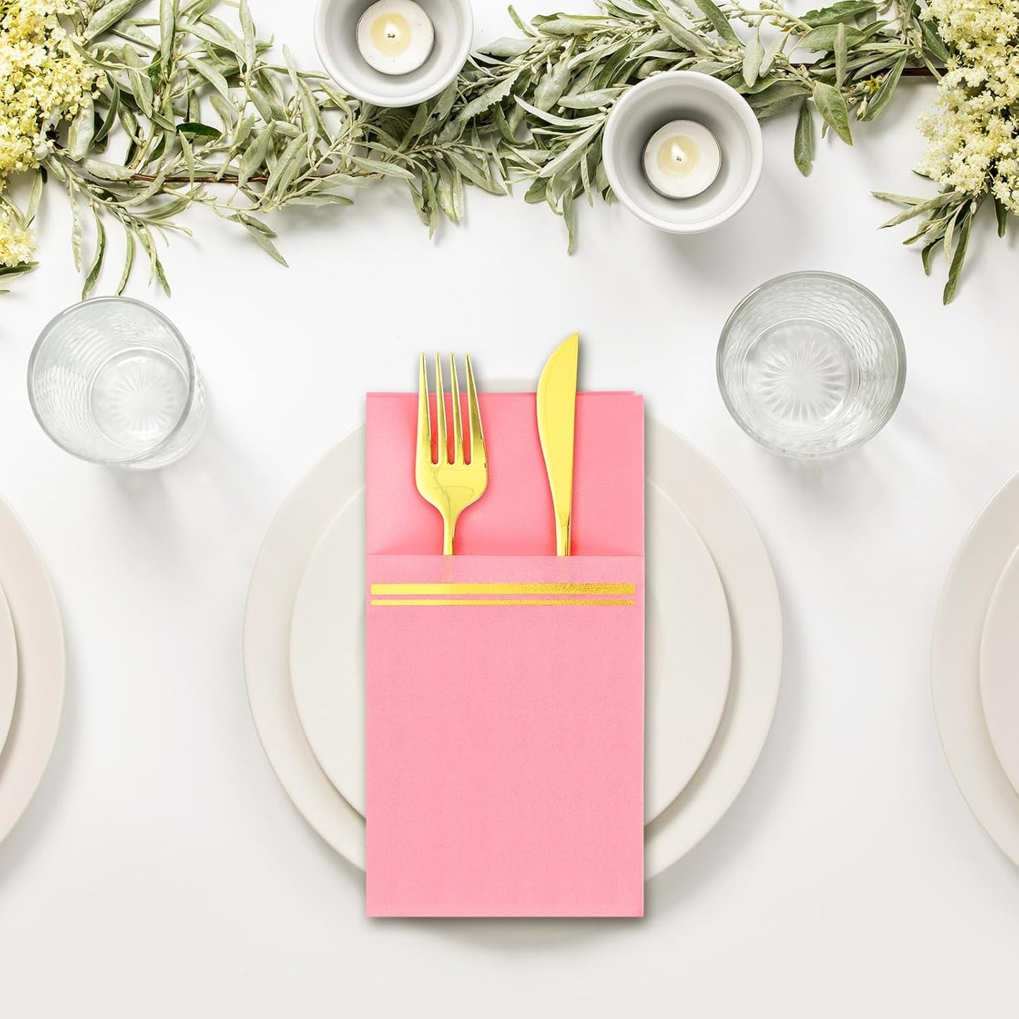 50Pcs Disposable Linen-Feel Dinner Napkins with Built-in Flatware Pockets Pink Gold Foil Napkin with Cutlery Pouch for Christmas Dining Party Table Service Decor