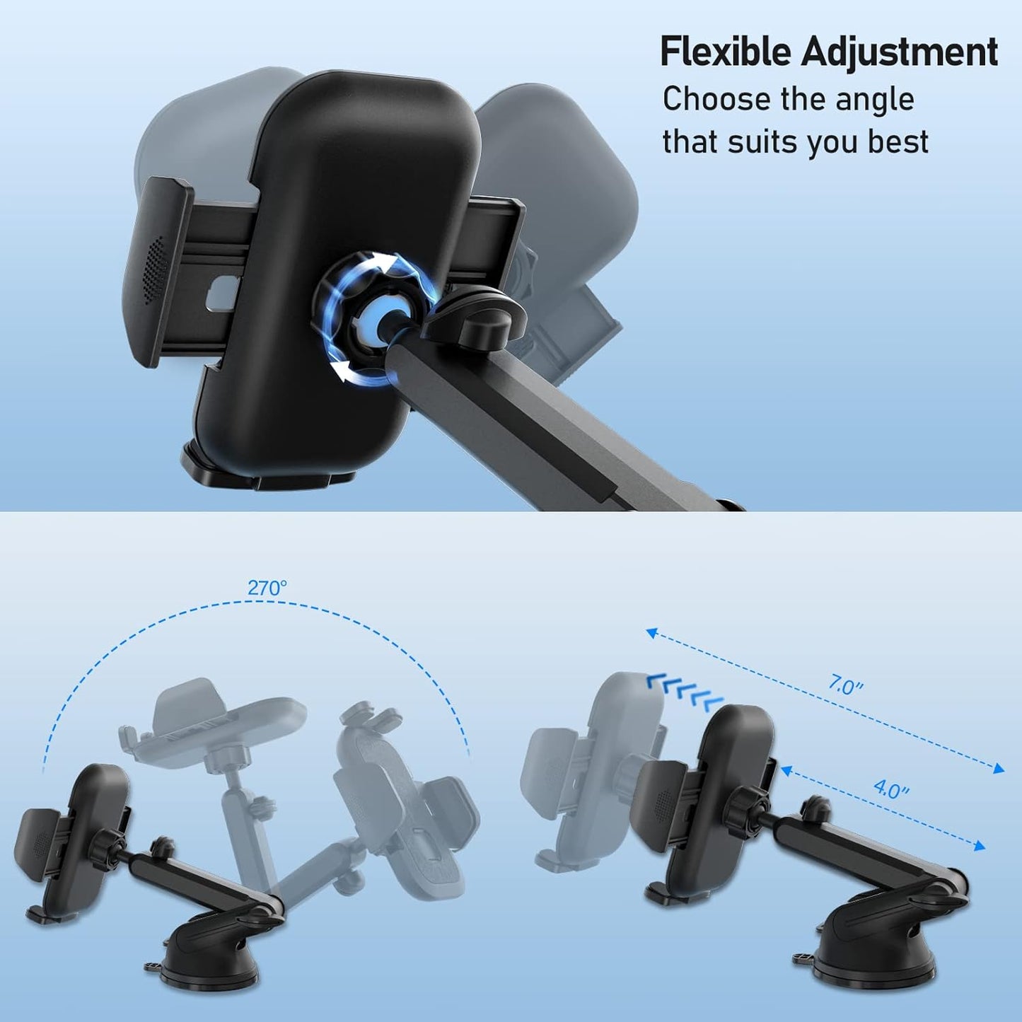 FBB 3-in-1 Phone Mount for car, Military-Grade Suction, Sturdy & Secure Long Arm Suction Cup Holder Universal Car Dashboard Windshield Air Vent Car Phone Holder Compatible with All Smartphones