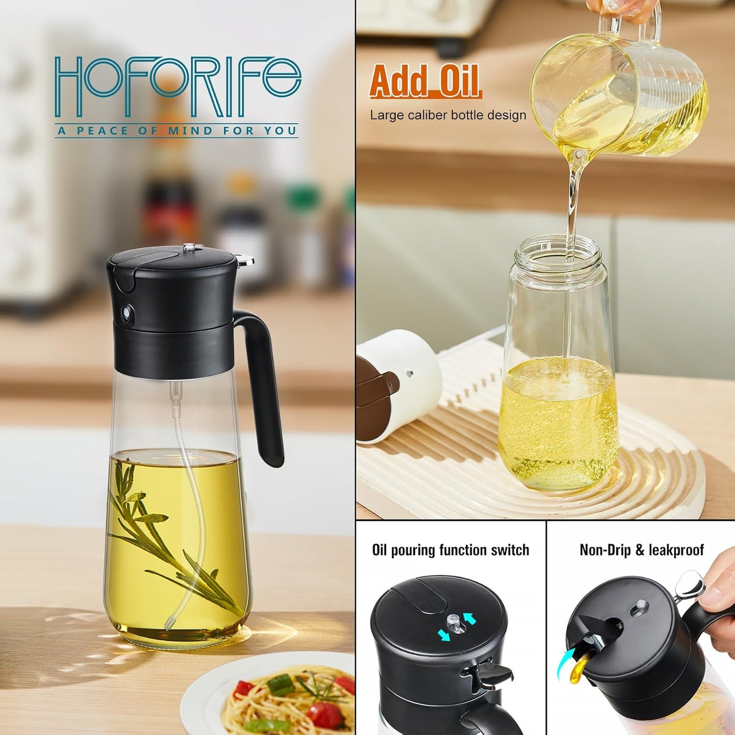 Glass Olive Oil Dispenser Bottle & Oil Sprayer Bottle 2 In 1 for Kitchen Cooking, Auto Flip Cap, 18oz Black