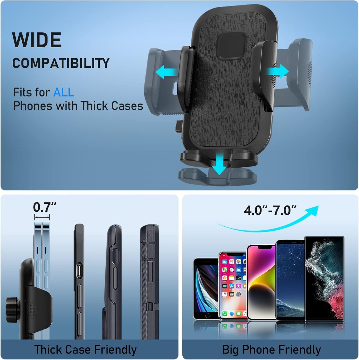 FBB 3-in-1 Phone Mount for car, Military-Grade Suction, Sturdy & Secure Long Arm Suction Cup Holder Universal Car Dashboard Windshield Air Vent Car Phone Holder Compatible with All Smartphones