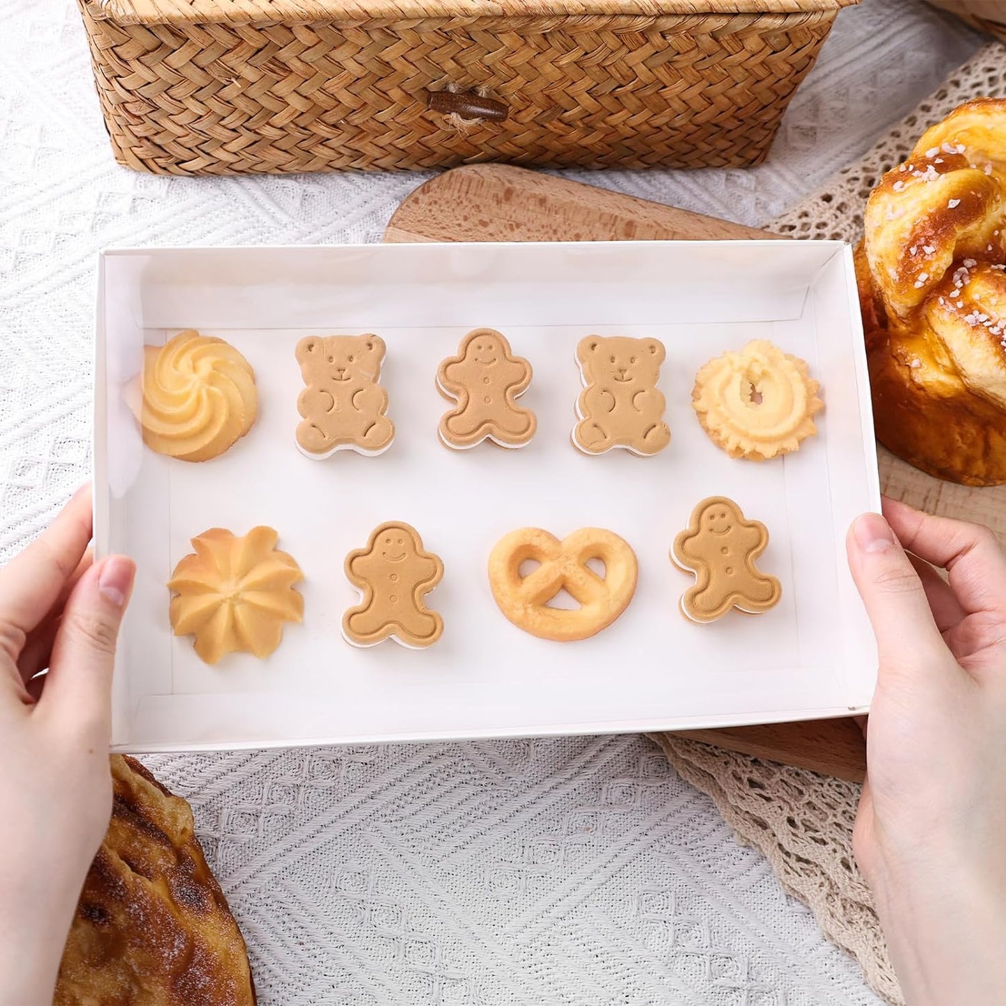 JOHOUSE 10PCS Cookie Boxes, 9.5x6x1.2 Inches White Bakery Boxes with Clear Lids For Cookies Pastries Chocolates, Dessert Boxes Treat Boxes for Class Birthday Wedding Party