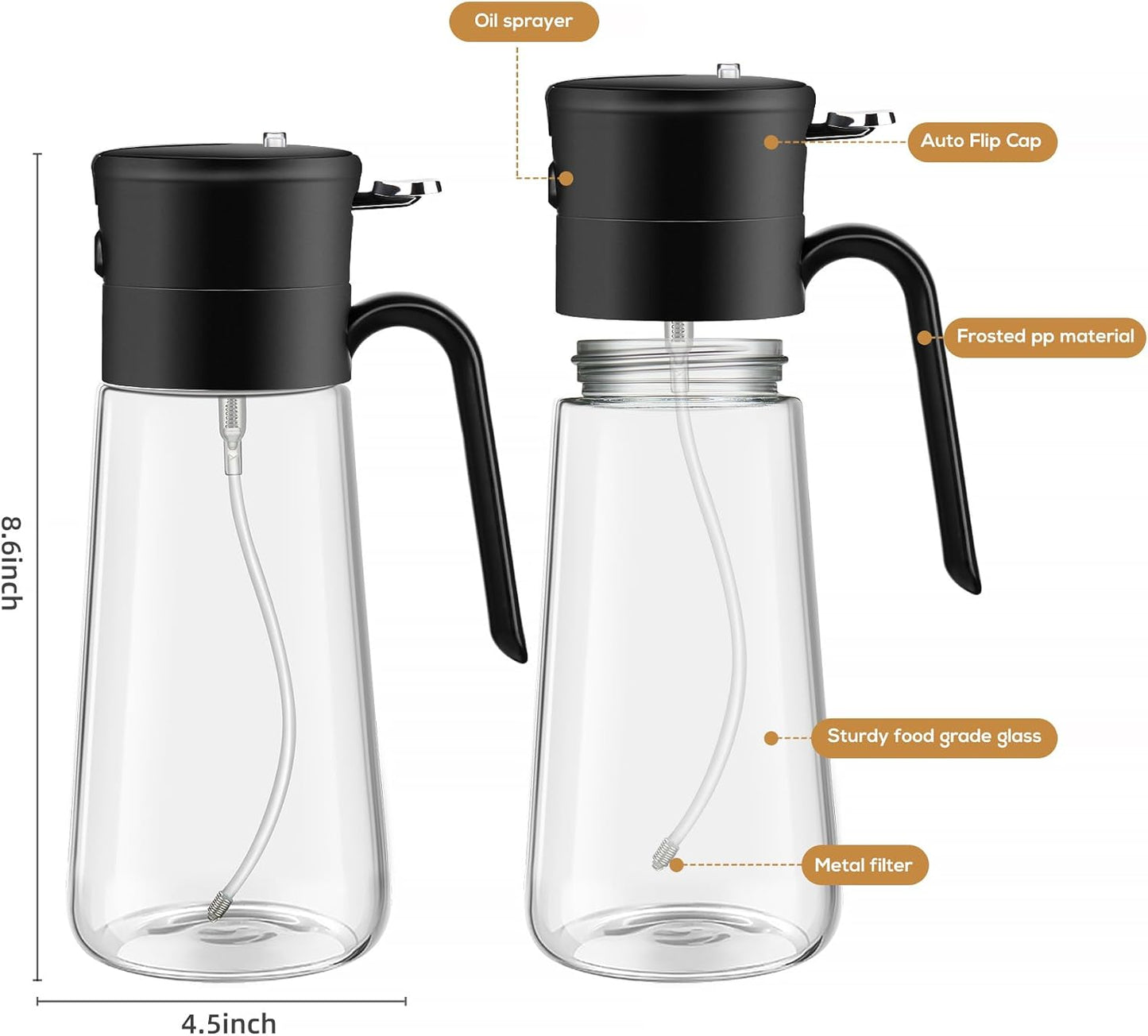 Glass Olive Oil Dispenser Bottle & Oil Sprayer Bottle 2 In 1 for Kitchen Cooking, Auto Flip Cap, 18oz Black