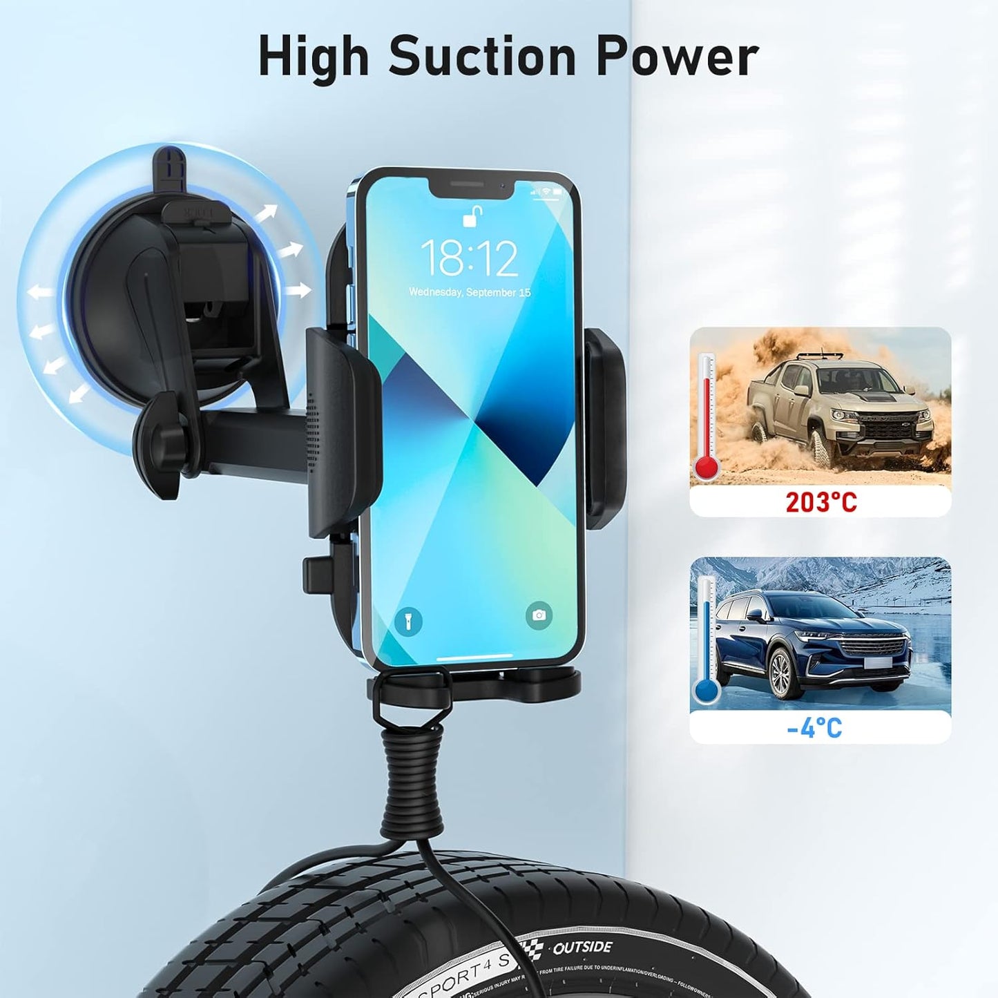 FBB 3-in-1 Phone Mount for car, Military-Grade Suction, Sturdy & Secure Long Arm Suction Cup Holder Universal Car Dashboard Windshield Air Vent Car Phone Holder Compatible with All Smartphones
