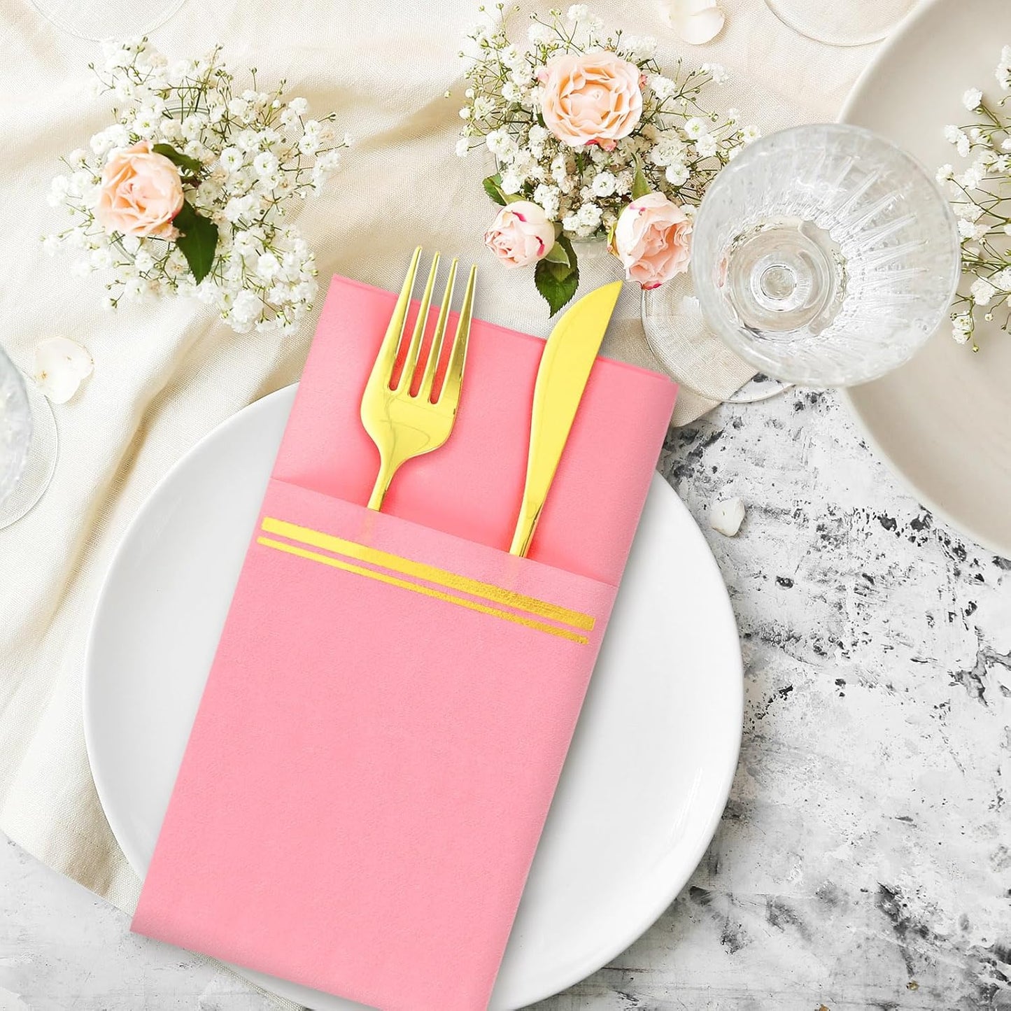 50Pcs Disposable Linen-Feel Dinner Napkins with Built-in Flatware Pockets Pink Gold Foil Napkin with Cutlery Pouch for Christmas Dining Party Table Service Decor