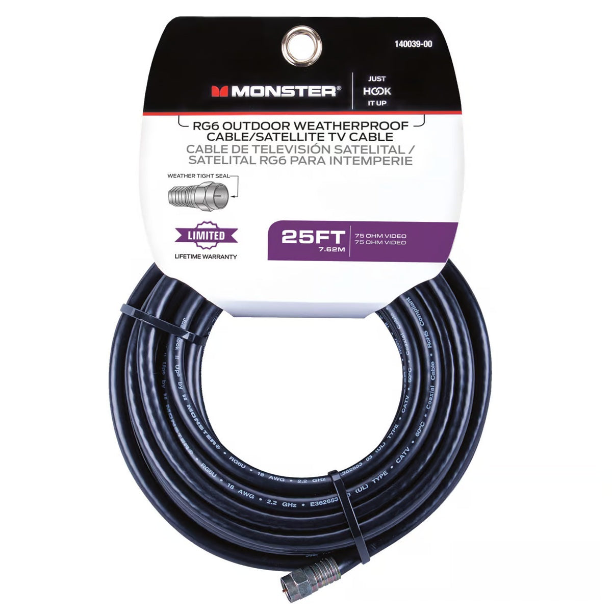 Monster 140039-00 Weatherproof RG6 Video Coaxial Cable, 25