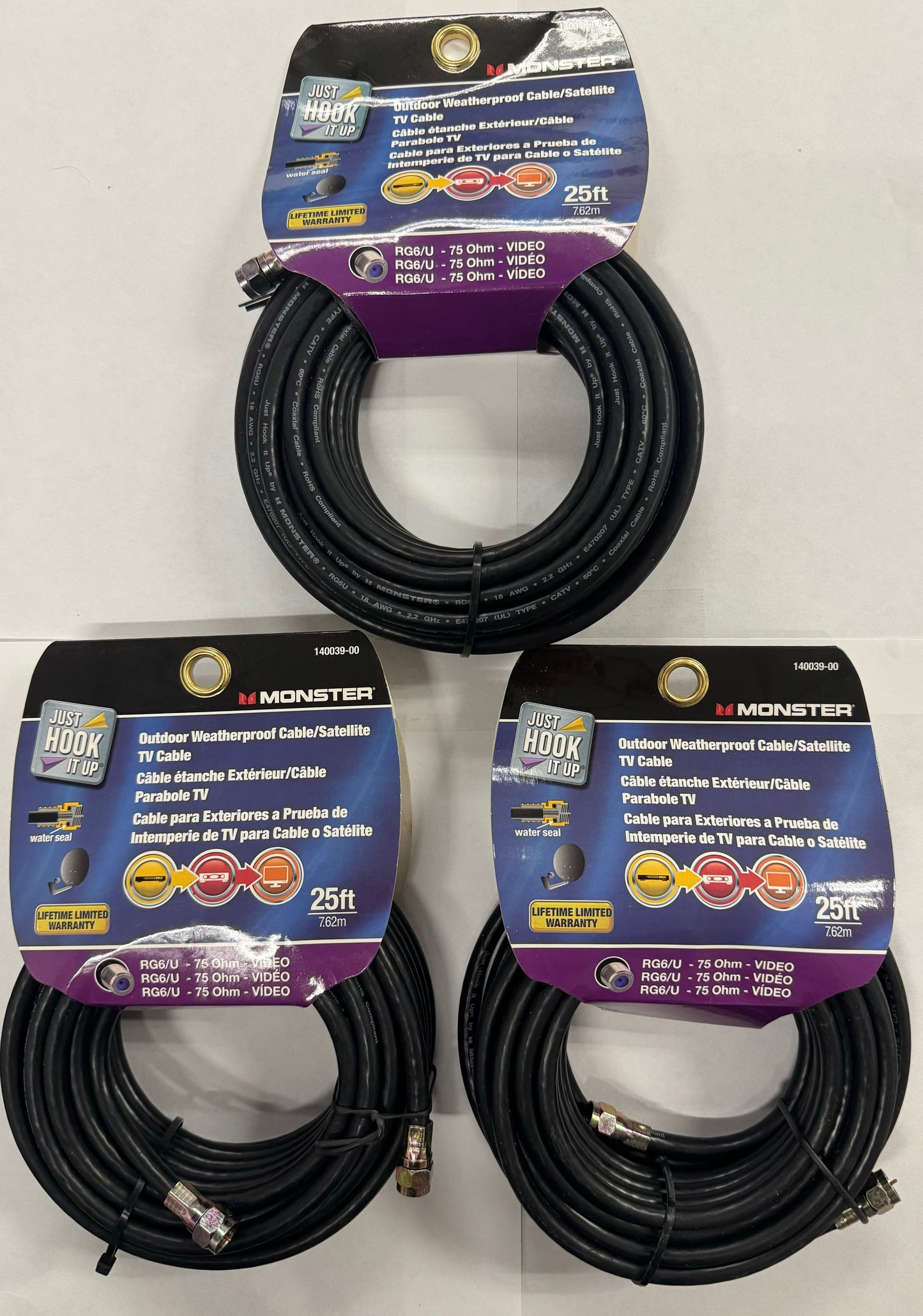 Monster 140039-00 Outdoor Weatherproof Video Coaxial Cable, 25 feet 3 Pack
