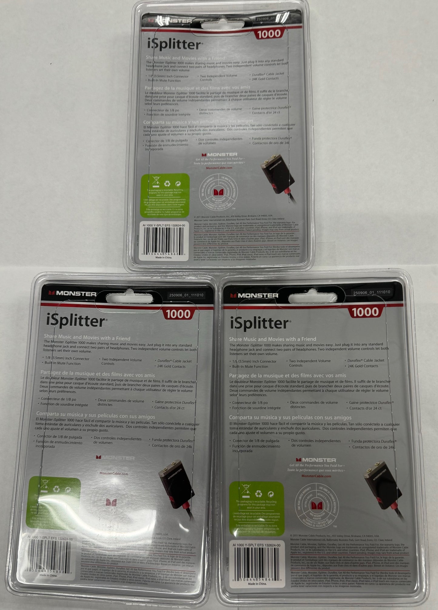 3 Pack MONSTER - iSplitter - 1000 - For IPod, IPhone And More - New In Packaging
