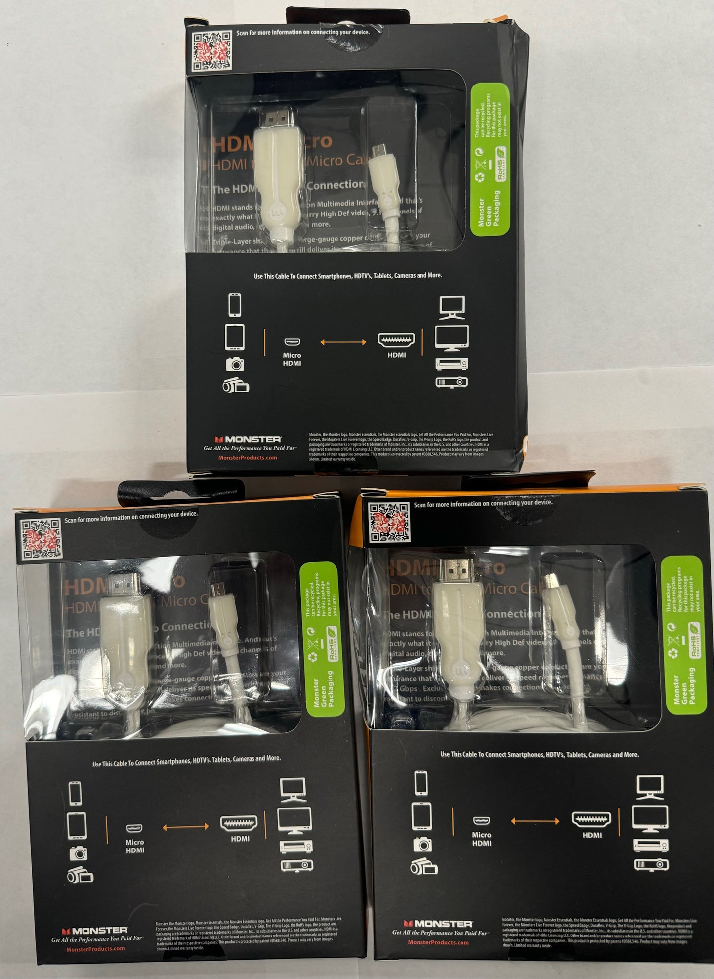 3 Pack Monster HDMI Micro HDMI to HDMI Micro Cable Connect Smartphones, HDTV's