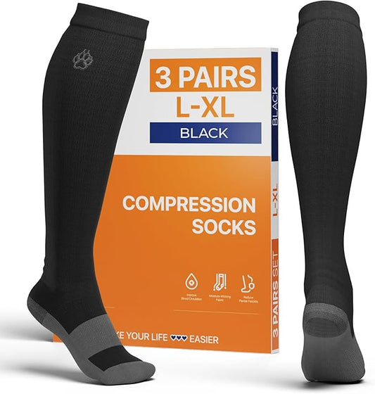 FixiC Compression Socks Men & Women - 3 Pairs, L-XL (8-15), 15-20 mmHg - Compression Stockings for Women and Men - Black Circulation Socks - Support Socks for Training, Traveling, Diabetics and More!