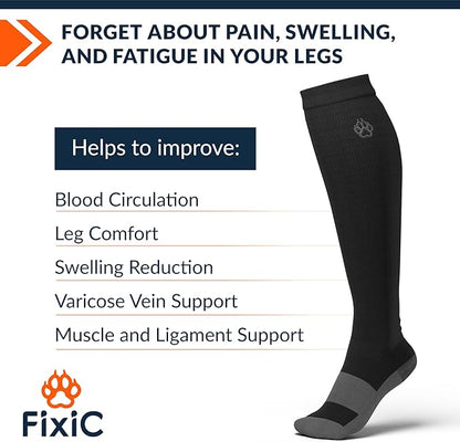 FixiC Compression Socks Men & Women - 3 Pairs, L-XL (8-15), 15-20 mmHg - Compression Stockings for Women and Men - Black Circulation Socks - Support Socks for Training, Traveling, Diabetics and More!
