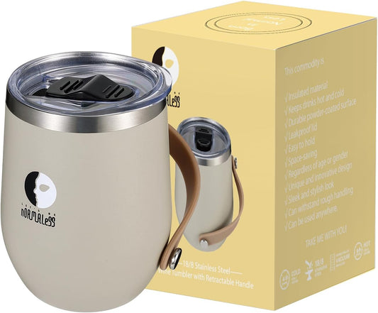 12oz Wine Cup Tumbler, Stainless Steel Vacuum Insulated, with Lid and Handle, Good for All Kinds of Drinks and Women (Beige)