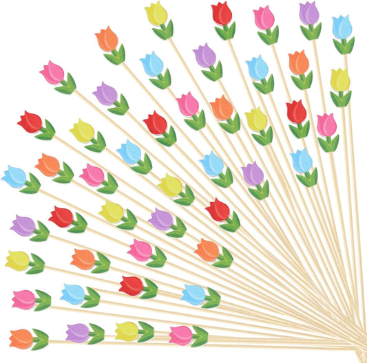 300Pcs Tulip Cocktail Picks 6 Colors Flowers Bamboo Toothpicks Spring Floral Long Cocktail Appetizer Skewers Cocktail Sticks Decorative for Fruit Drink Dessert Party Supplies