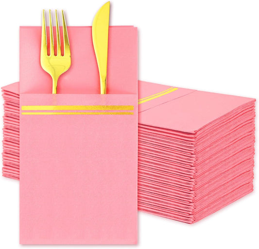 50Pcs Disposable Linen-Feel Dinner Napkins with Built-in Flatware Pockets Pink Gold Foil Napkin with Cutlery Pouch for Christmas Dining Party Table Service Decor