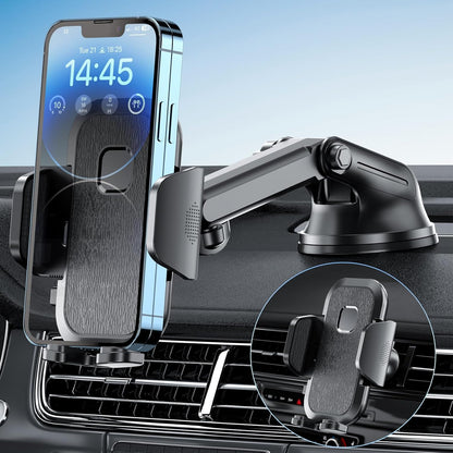 FBB 3-in-1 Phone Mount for car, Military-Grade Suction, Sturdy & Secure Long Arm Suction Cup Holder Universal Car Dashboard Windshield Air Vent Car Phone Holder Compatible with All Smartphones