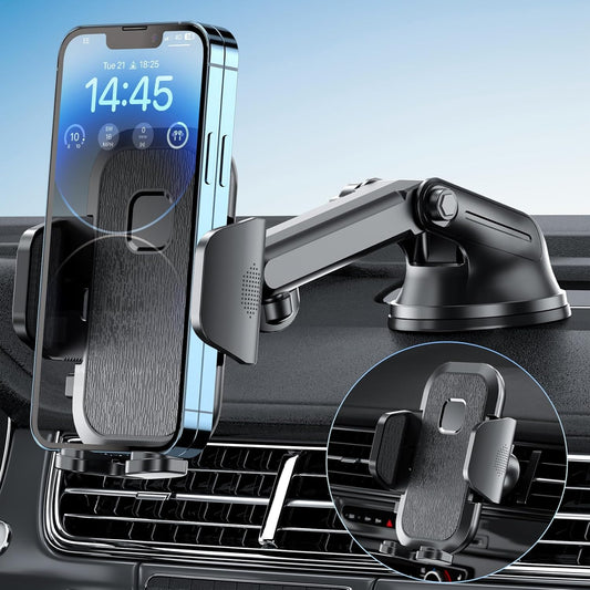 FBB 3-in-1 Phone Mount for car, Military-Grade Suction, Sturdy & Secure Long Arm Suction Cup Holder Universal Car Dashboard Windshield Air Vent Car Phone Holder Compatible with All Smartphones