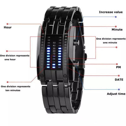 Men Watch 50m Waterproof Lava Watch Double Row Lamp LED Watch Male Binary Steel