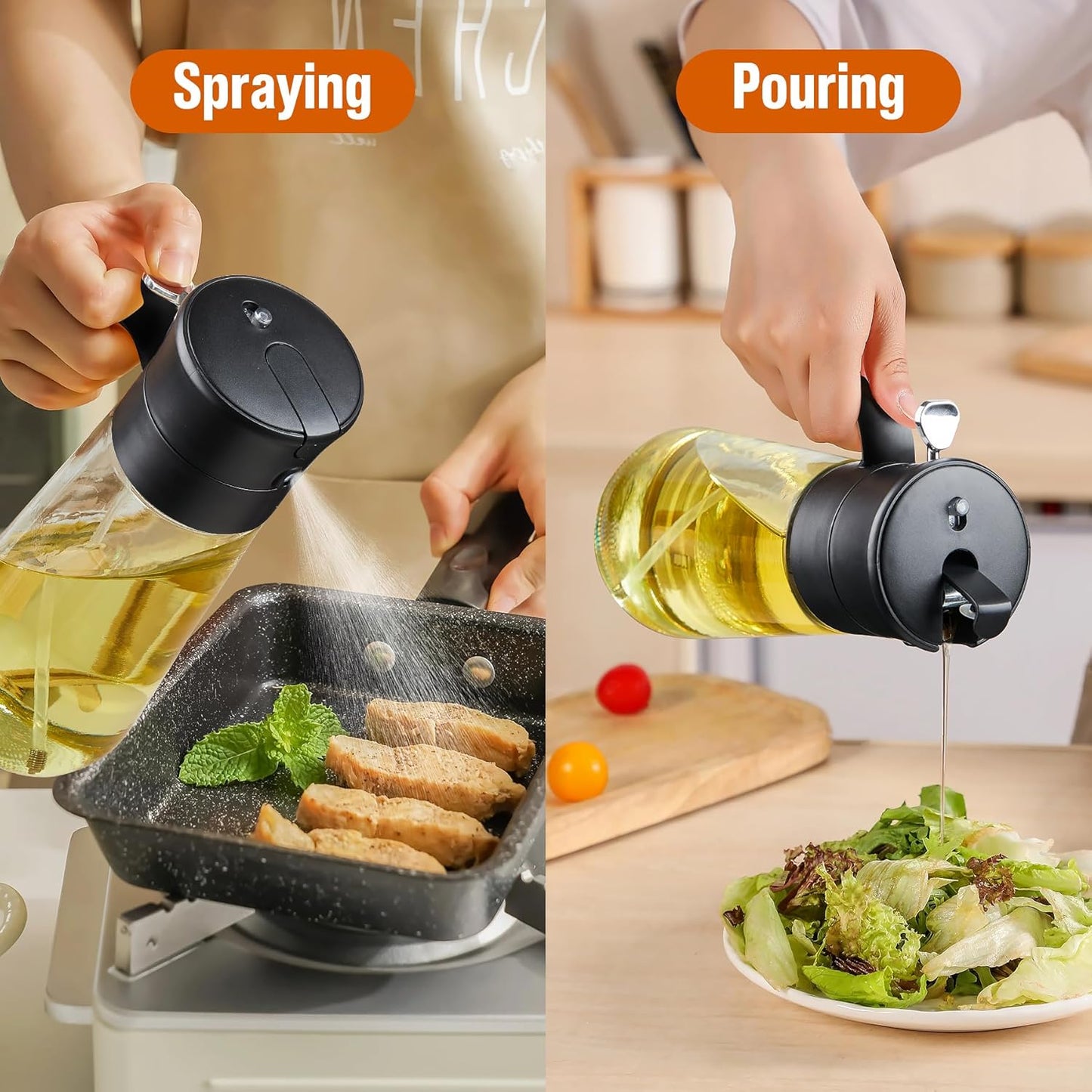 Glass Olive Oil Dispenser Bottle & Oil Sprayer Bottle 2 In 1 for Kitchen Cooking, Auto Flip Cap, 18oz Black