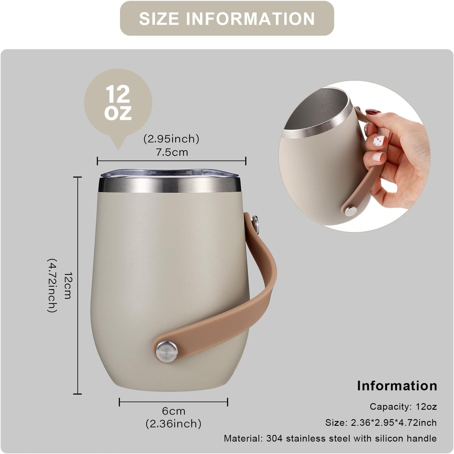 12oz Wine Cup Tumbler, Stainless Steel Vacuum Insulated, with Lid and Handle, Good for All Kinds of Drinks and Women (Beige)