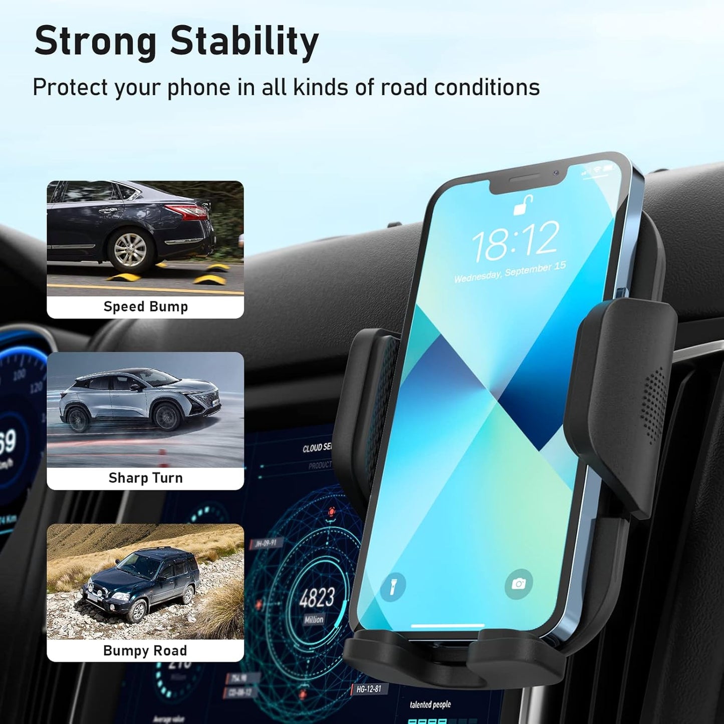 FBB 3-in-1 Phone Mount for car, Military-Grade Suction, Sturdy & Secure Long Arm Suction Cup Holder Universal Car Dashboard Windshield Air Vent Car Phone Holder Compatible with All Smartphones