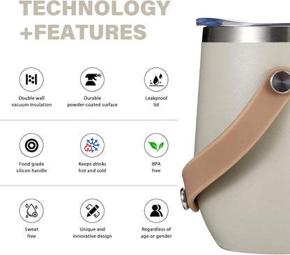 12oz Wine Cup Tumbler, Stainless Steel Vacuum Insulated, with Lid and Handle, Good for All Kinds of Drinks and Women (Beige)