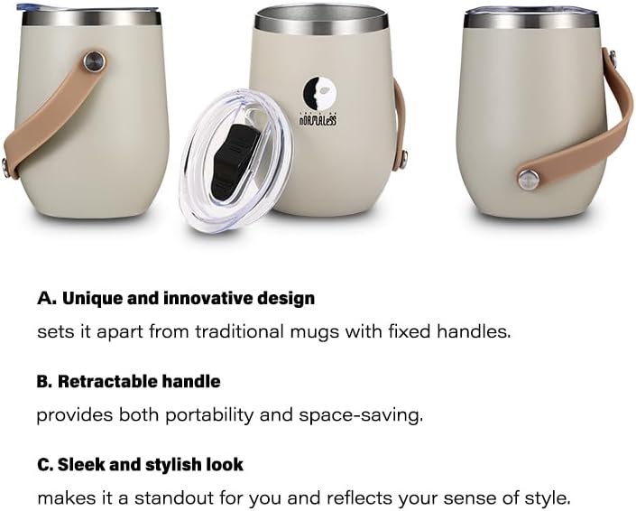 12oz Wine Cup Tumbler, Stainless Steel Vacuum Insulated, with Lid and Handle, Good for All Kinds of Drinks and Women (Beige)