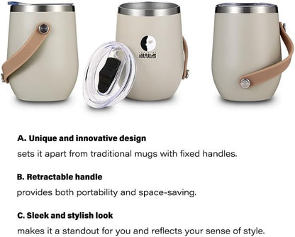 12oz Wine Cup Tumbler, Stainless Steel Vacuum Insulated, with Lid and Handle, Good for All Kinds of Drinks and Women (Beige)