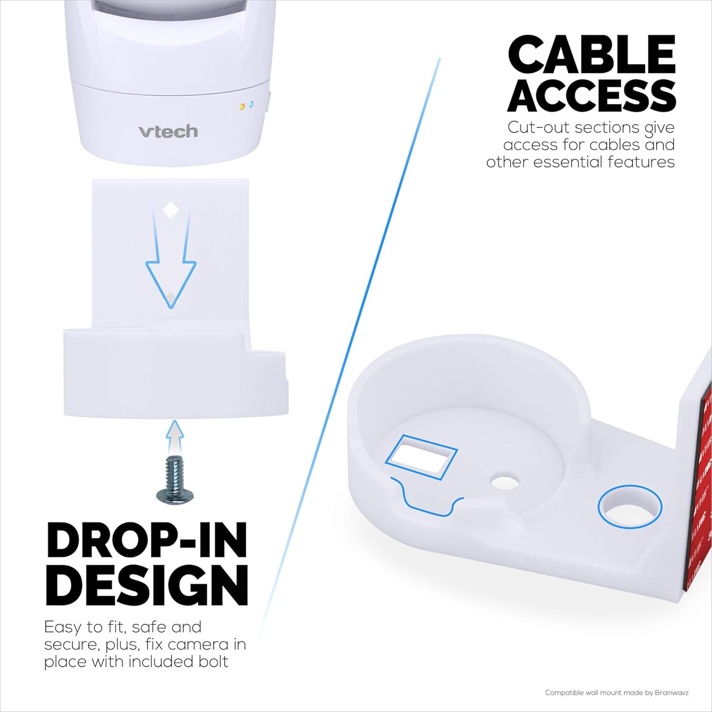 Drill Free Wall Mount for VTech ‎VM901 Camera, Easy to Install Holder with Strong Adhesive, No Mess, Reduces Blind Spots & Clutter, Designed by Brainwavz