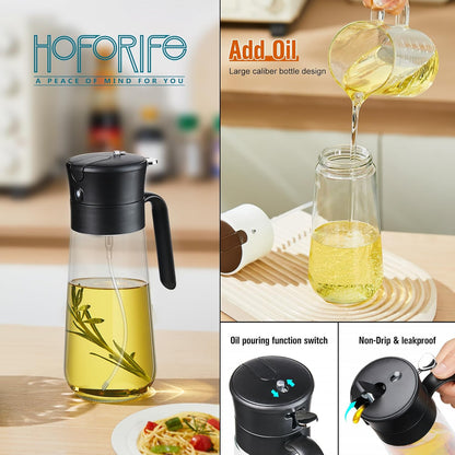 Glass Olive Oil Dispenser Bottle & Oil Sprayer Bottle 2 In 1 for Kitchen Cooking, Auto Flip Cap, 18oz Black