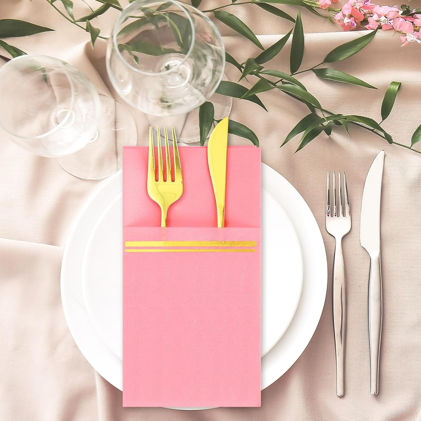 50Pcs Disposable Linen-Feel Dinner Napkins with Built-in Flatware Pockets Pink Gold Foil Napkin with Cutlery Pouch for Christmas Dining Party Table Service Decor
