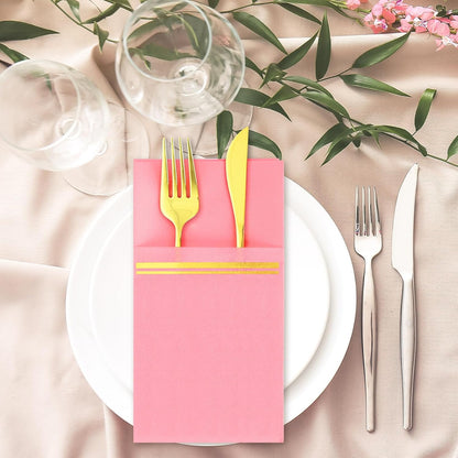 50Pcs Disposable Linen-Feel Dinner Napkins with Built-in Flatware Pockets Pink Gold Foil Napkin with Cutlery Pouch for Christmas Dining Party Table Service Decor