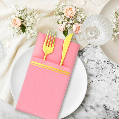 50Pcs Disposable Linen-Feel Dinner Napkins with Built-in Flatware Pockets Pink Gold Foil Napkin with Cutlery Pouch for Christmas Dining Party Table Service Decor