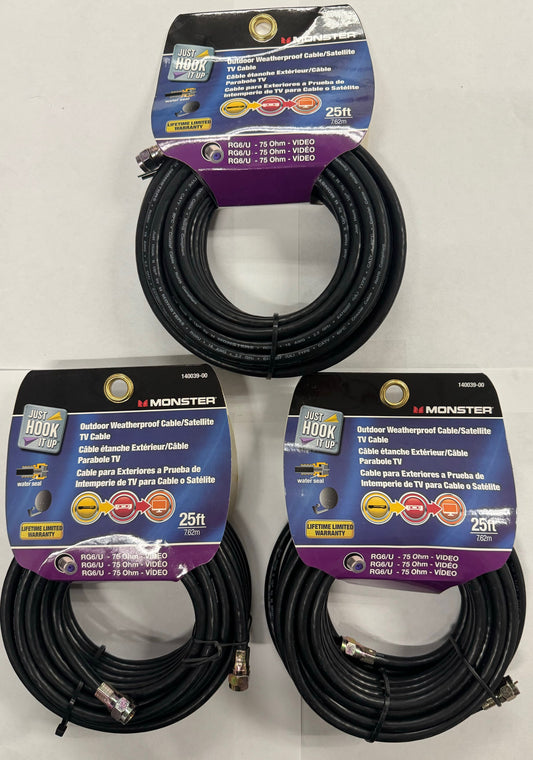 Monster 140039-00 Outdoor Weatherproof Video Coaxial Cable, 25 feet 3 Pack
