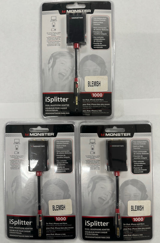 3 Pack MONSTER - iSplitter - 1000 - For IPod, IPhone And More - New In Packaging