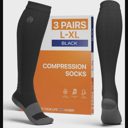 FixiC Compression Socks Men & Women - 3 Pairs, L-XL (8-15), 15-20 mmHg - Compression Stockings for Women and Men - Black Circulation Socks - Support Socks for Training, Traveling, Diabetics and More!